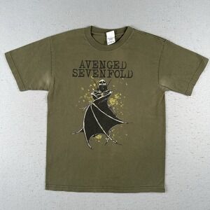 Vtg 2005 Avenged Sevenfold T Shirt Medium Green Skeleton Wings Bat Short Sleeve